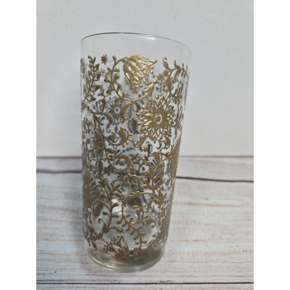 Mid Century Raised Painted Gold Floral‎ 8 Glass Water Bar Cups Vintage